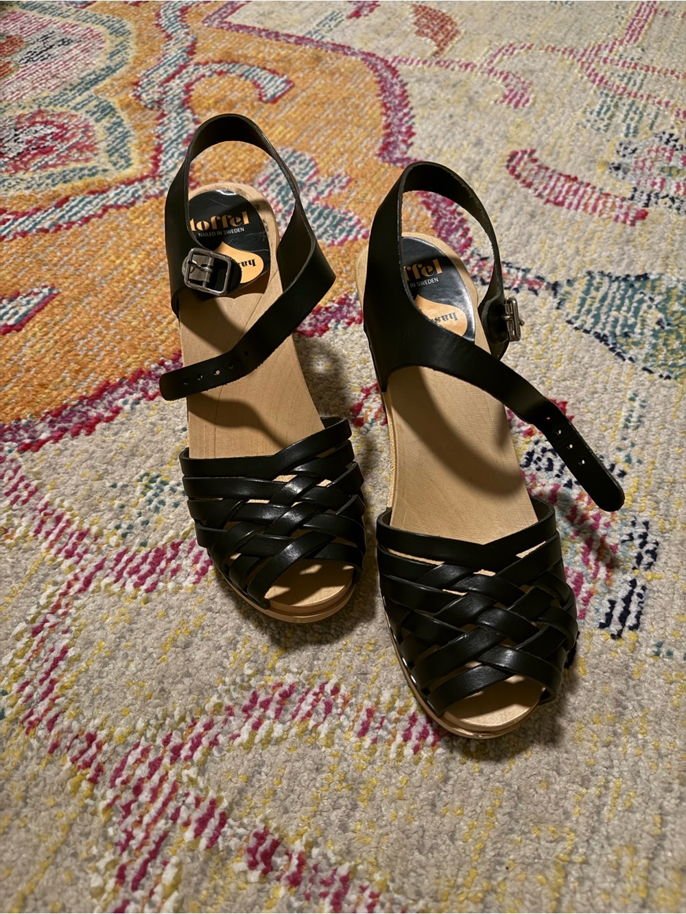 Swedish Hasbeens Black Woven Leather Ankle Strap Heels